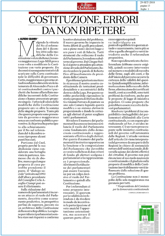 COSTITUZIONE, ERRORI DA NON RIPETERE di Alfiero Grandi