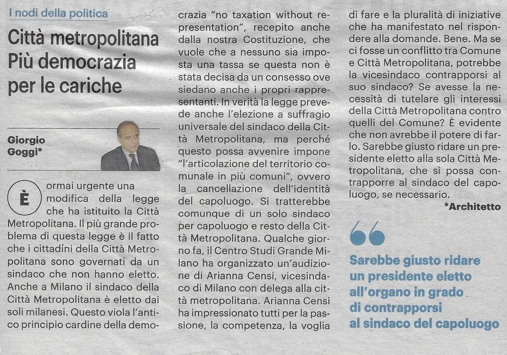 CITTÀ METROPOLITANA. PIU’ DEMOCRAZIA PER LE CARICHE di Giorgio Goggi da Il Giorno del 15 dicembre 2020 